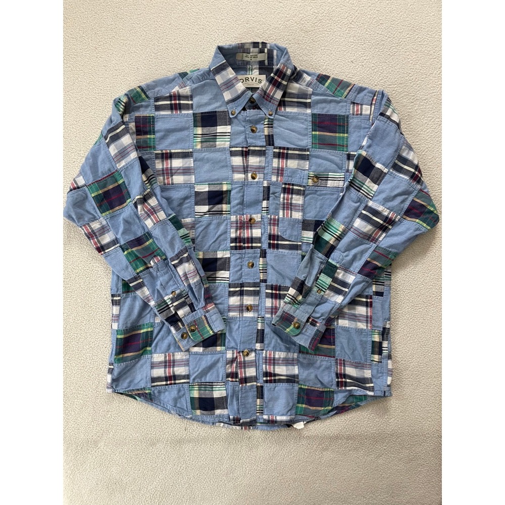 Orvis Mens Medium Button Down Shirt Blue Madras Patchwork Plaid Long Sleeve